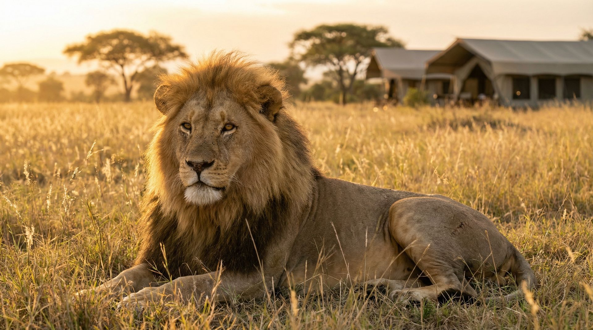 Majestic male lion resting in the golden grass of Masai Mara, Kenya