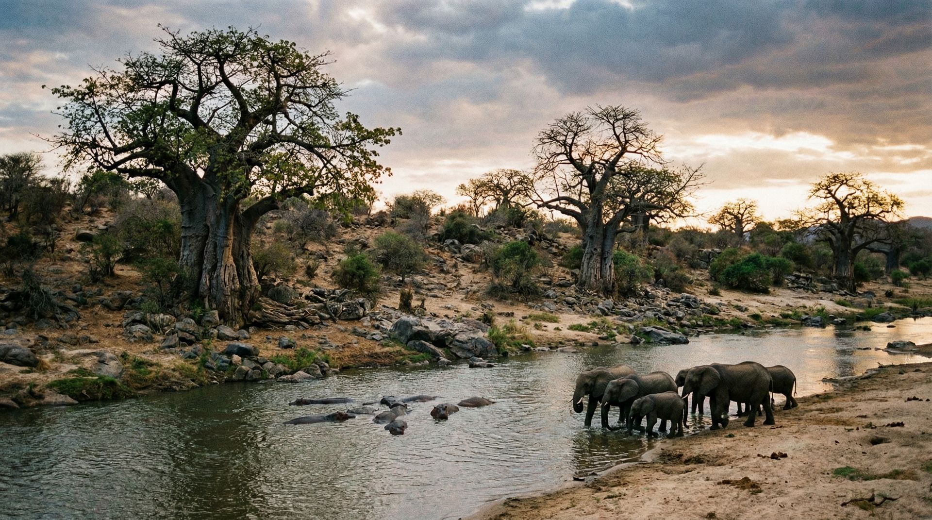 Hippos and elephants at the Great Ruaha River in Southern Tanzania