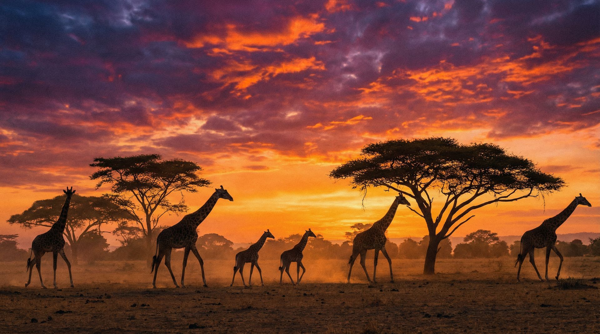 Giraffes silhouetted against a dramatic sunset in the African savanna