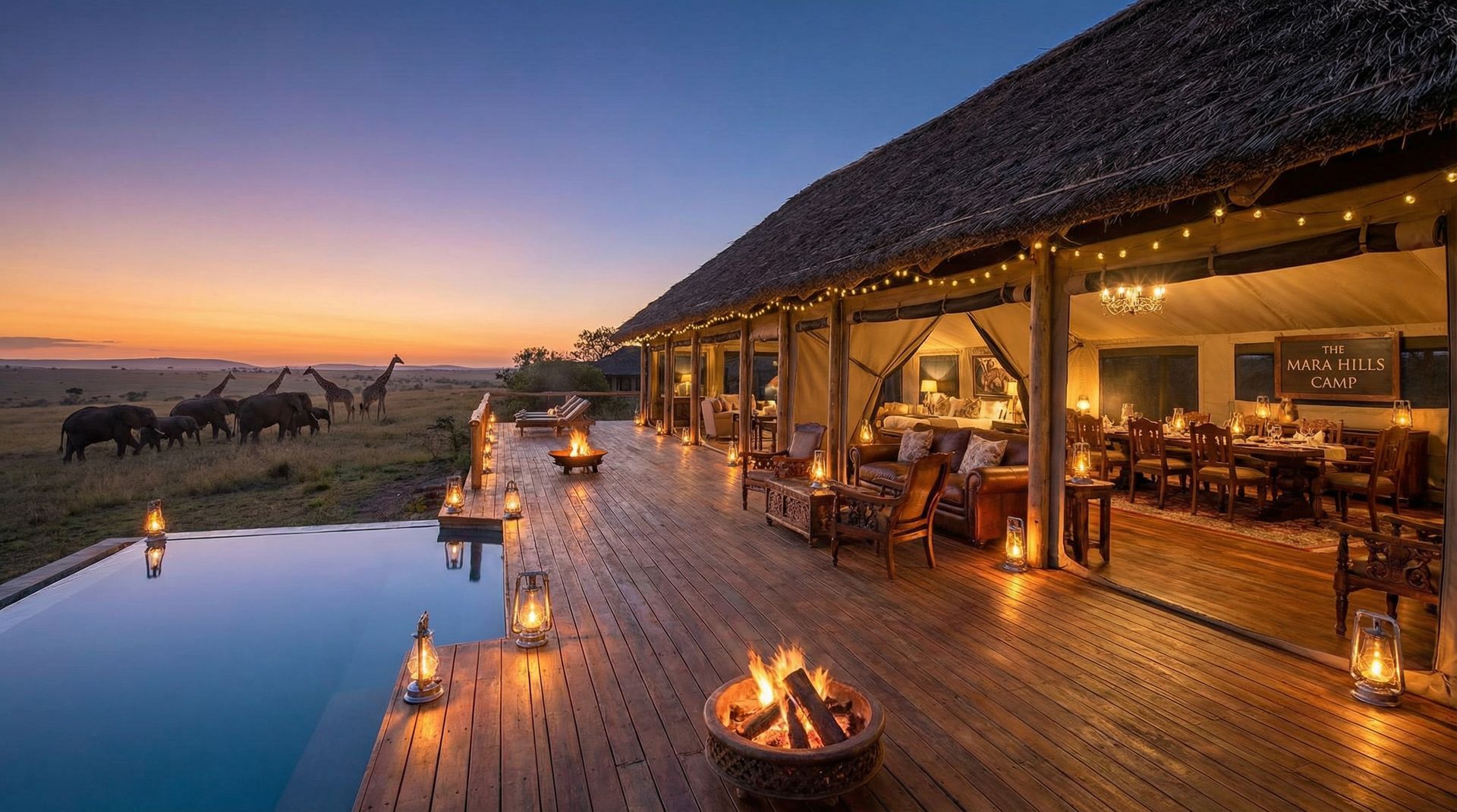 Luxury safari tented camp with infinity pool overlooking the Kenya savanna