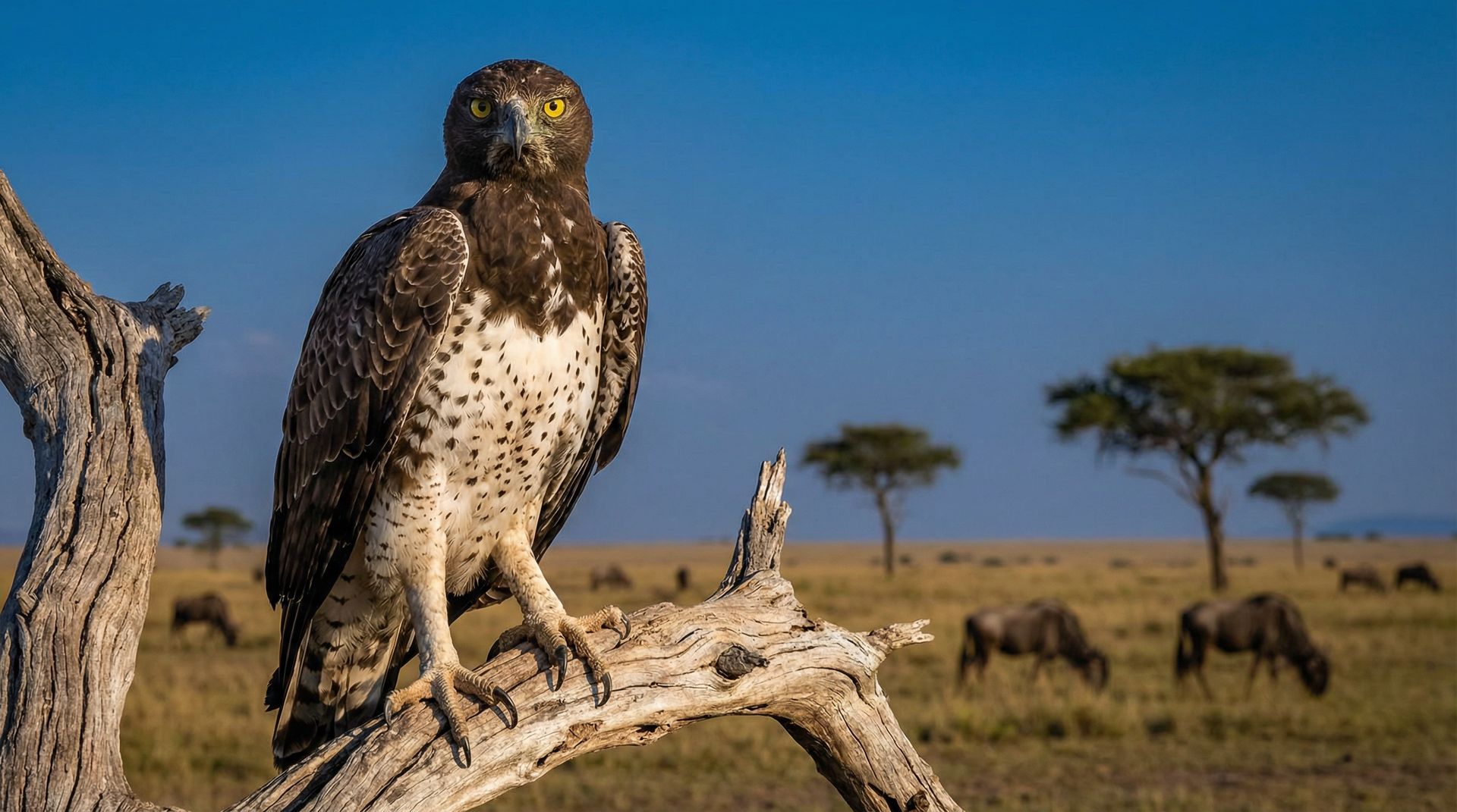 Majestic Martial Eagle perched on a dead tree branch in the Serengeti