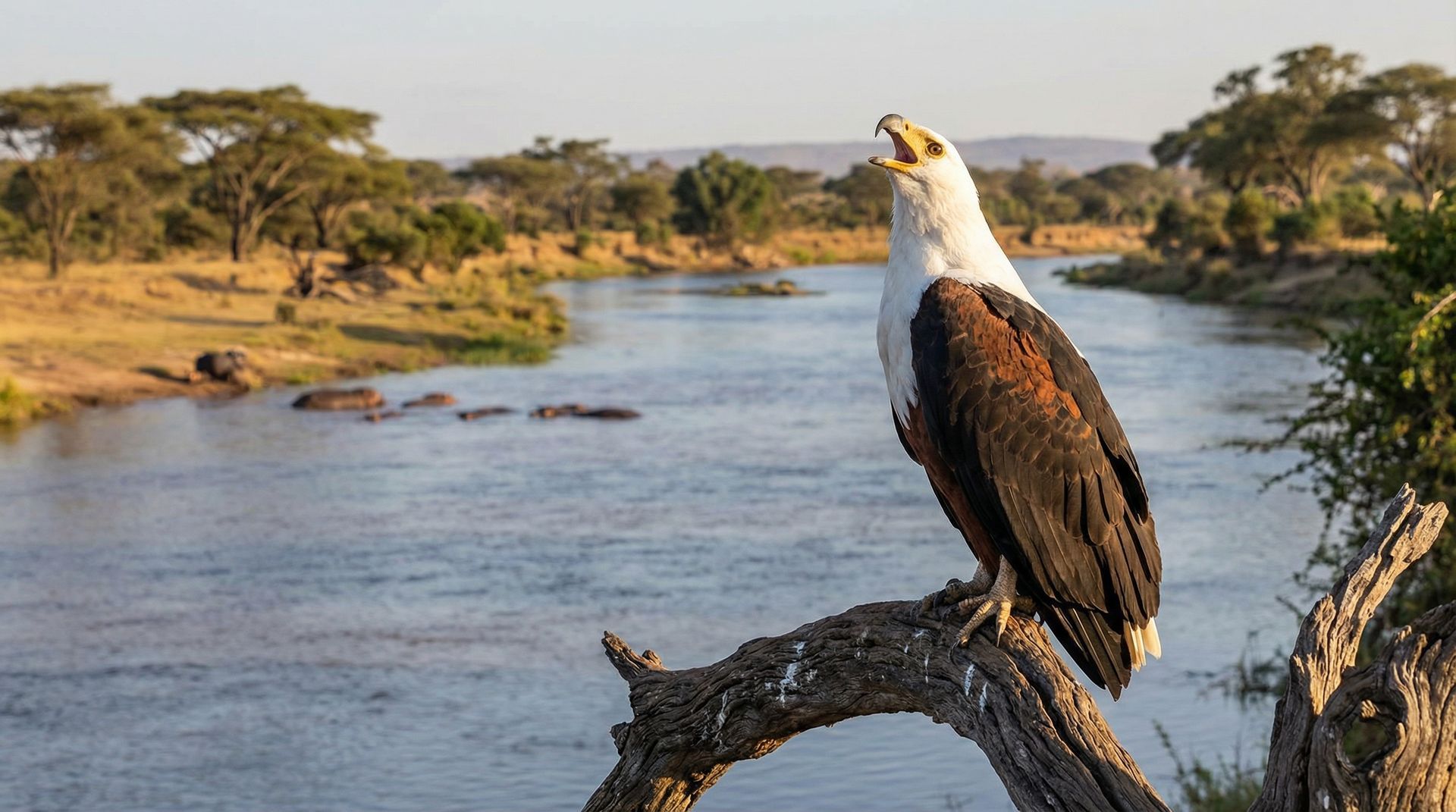 African Fish Eagle calling with head thrown back near a river