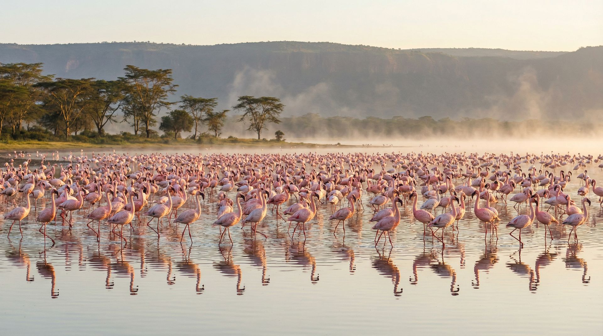 A vast flock of pink Lesser Flamingos wading in Lake Nakuru