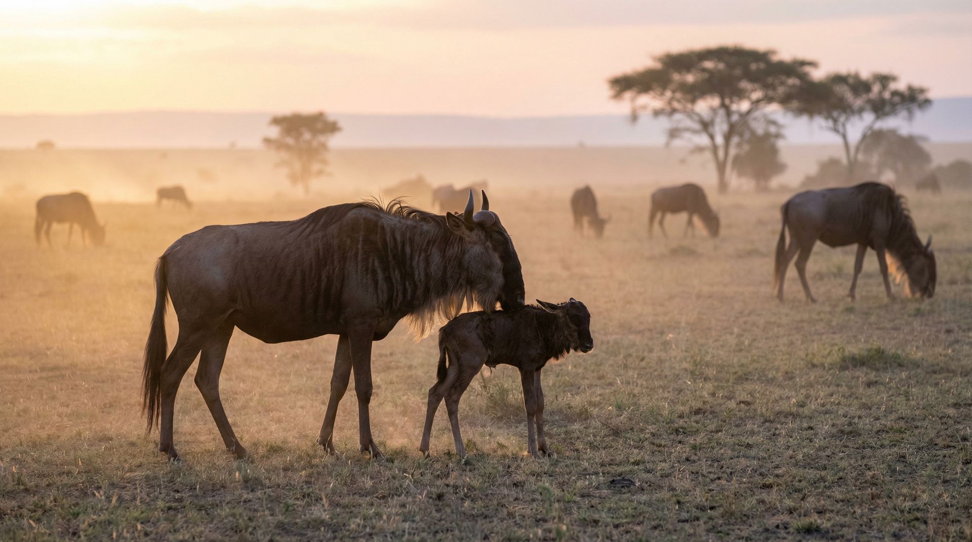 Wildebeest mother and newborn calf on the short grass plains