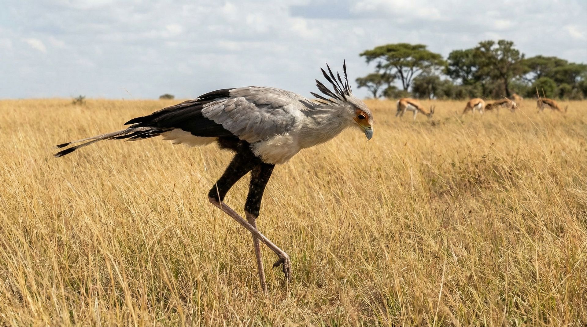 Secretary Bird walking through the tall grass of the African savanna